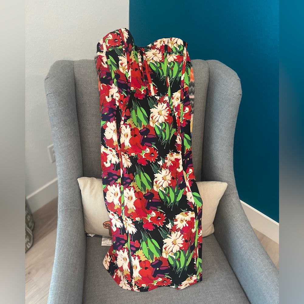 Veronica beard printed strapless midi dress.